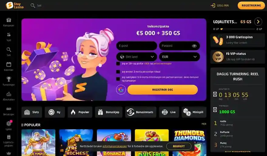 Skjermbilde av forsiden til Stay Casino