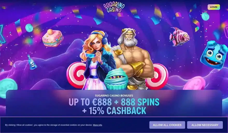 Skjermbilde av forsiden til Sugarino Casino med velkomsttilbud på €888 og 888 gratisspinn