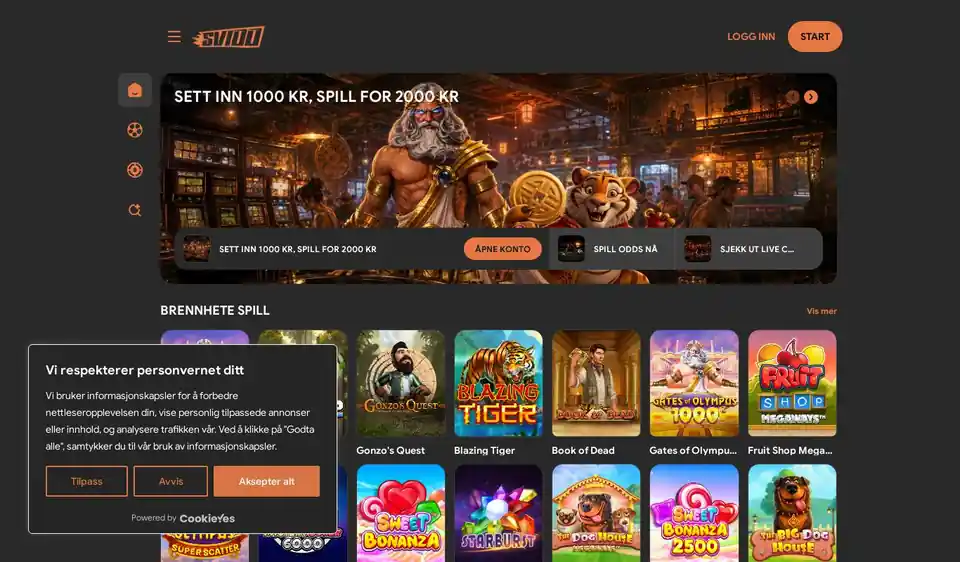 Skjermbilde av forsiden til Svidd Casino med tilbudet sett inn 1000 kr, spill for 2000 kr