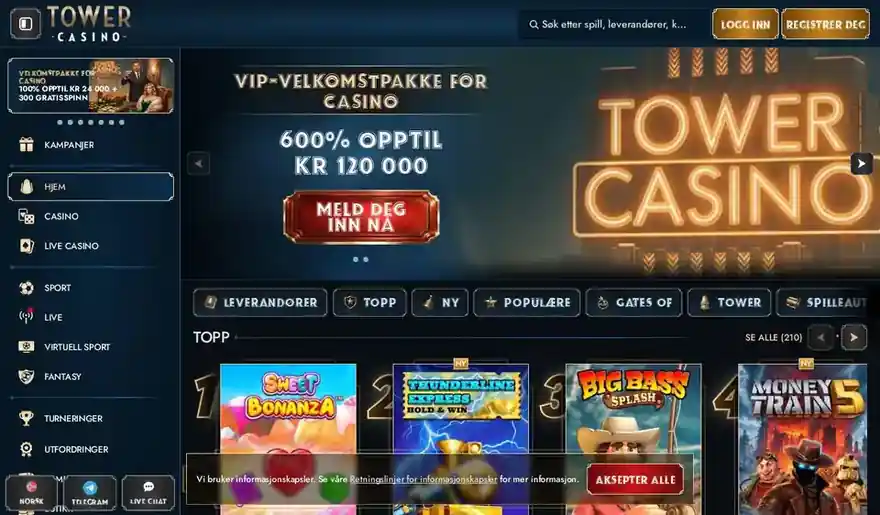 Skjermbilde av forsiden til Tower Casino