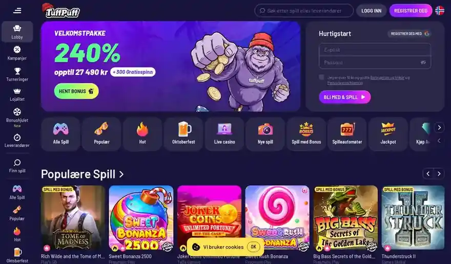 Skjermbilde av forsiden til TuffPuff Casino