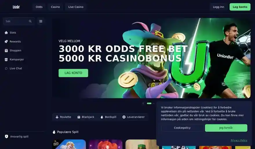 Skjermbilde av forsiden til UnionBet