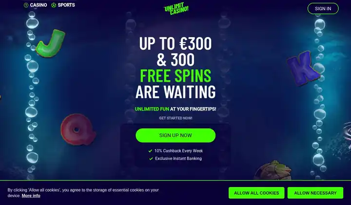 Skjermbilde av forsiden til Unlimit Casino