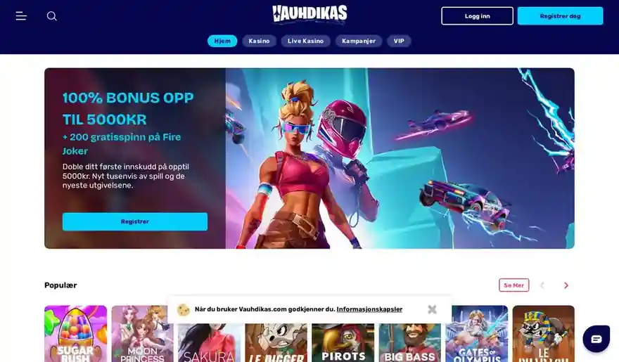 Skjermbilde av forsiden til Vauhdikas Casino