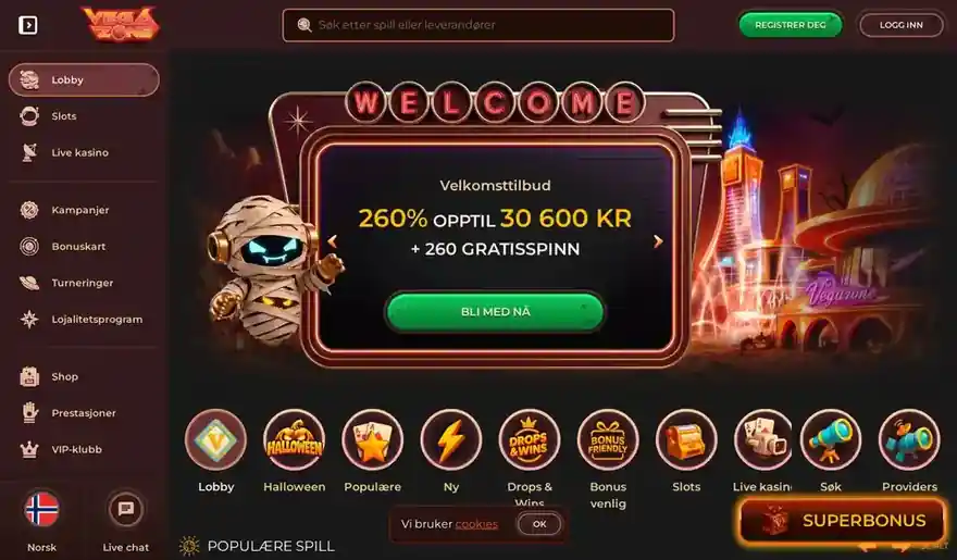 Skjermbilde av forsiden til VegaZone Casino