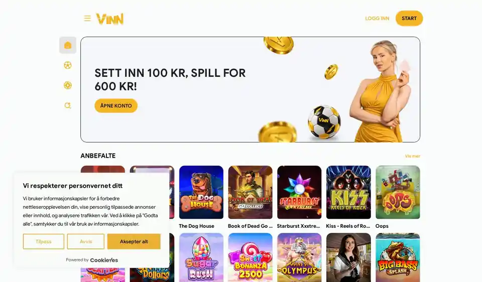 Skjermbilde av forsiden til Vinn Casino med tilbudet sett inn 100 kr, spill for 600 kr