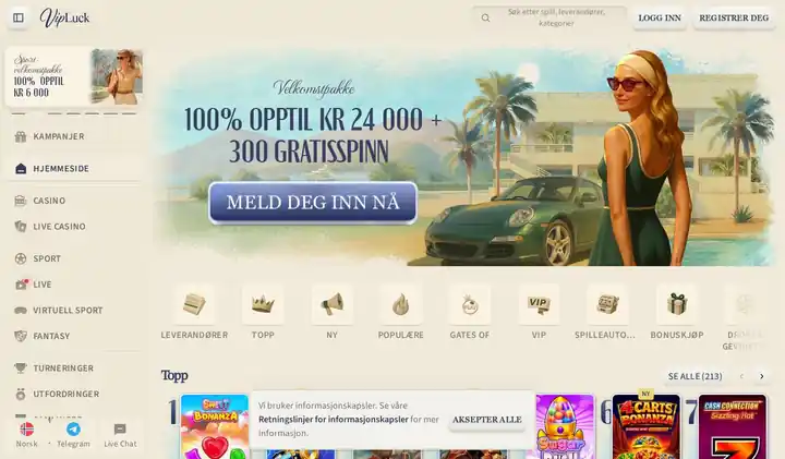 Skjermbilde av forsiden til VipLuck
