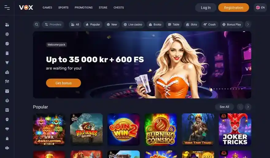 Skjermbilde av forsiden til Vox Casino