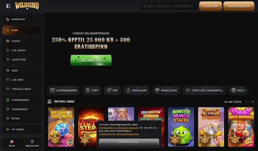 Skjermbilde av forsiden til Wildsino