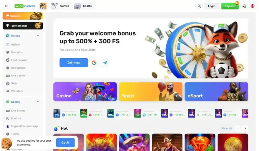 Skjermbilde av forsiden til Win.Casino