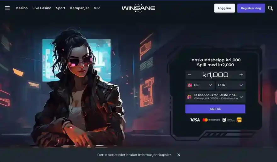 Skjermbilde av forsiden til Winsane Casino