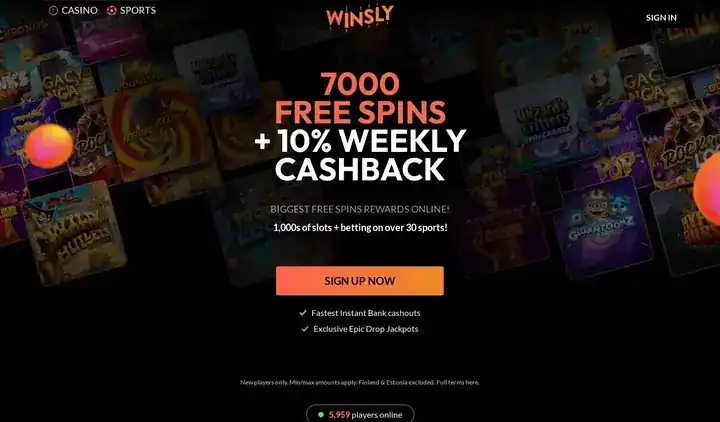 Skjermbilde av forsiden til Winsly Casino