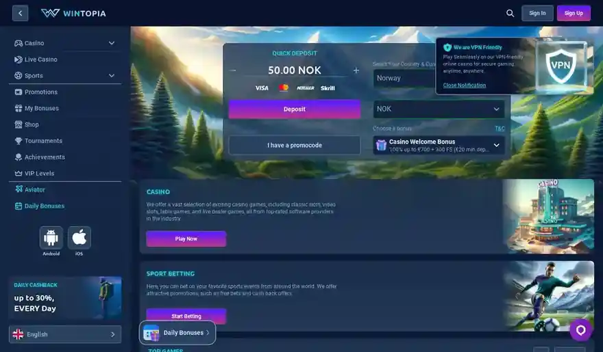 Skjermbilde av forsiden til Wintopia Casino