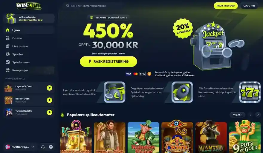 Skjermbilde av forsiden til Winzter Casino