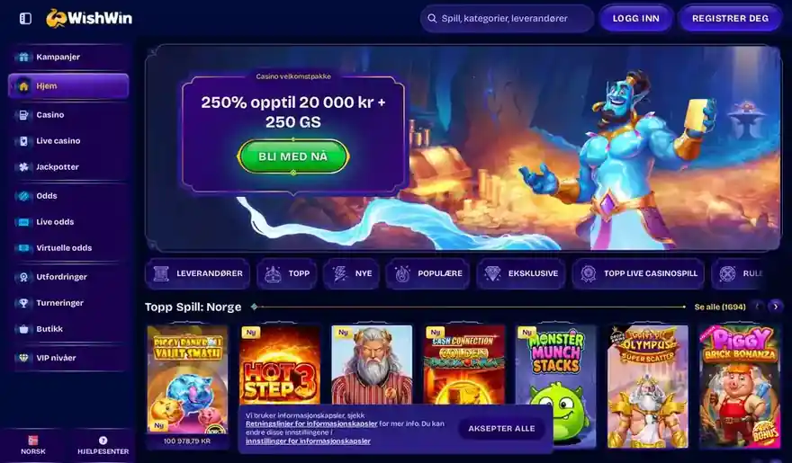 Skjermbilde av forsiden til WishWin Casino