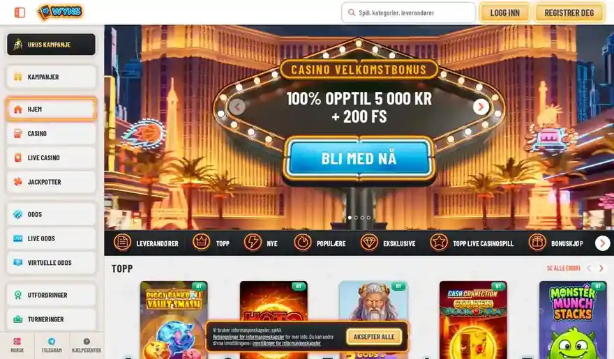 Skjermbilde av forsiden til Wyns Casino