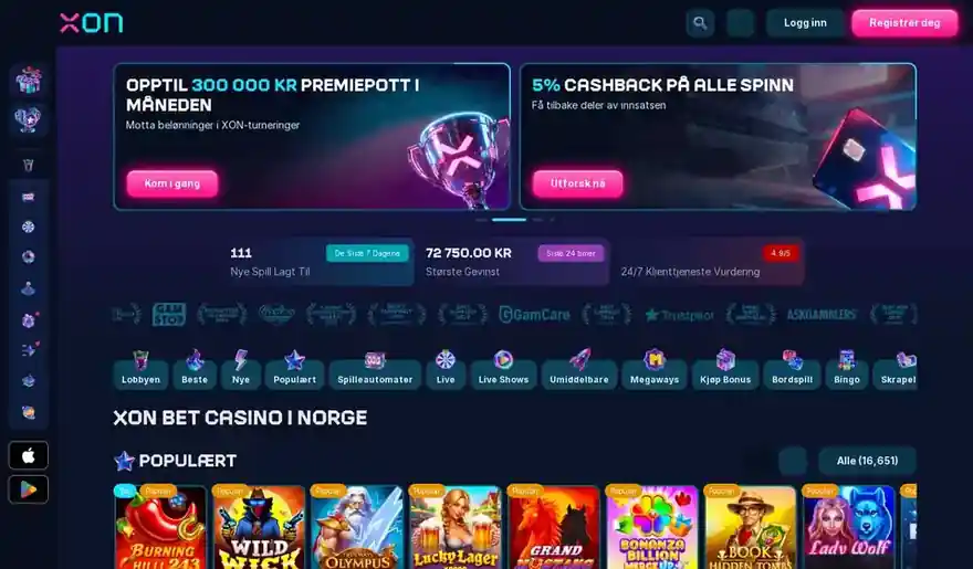 Skjermbilde av forsiden til XON Bet
