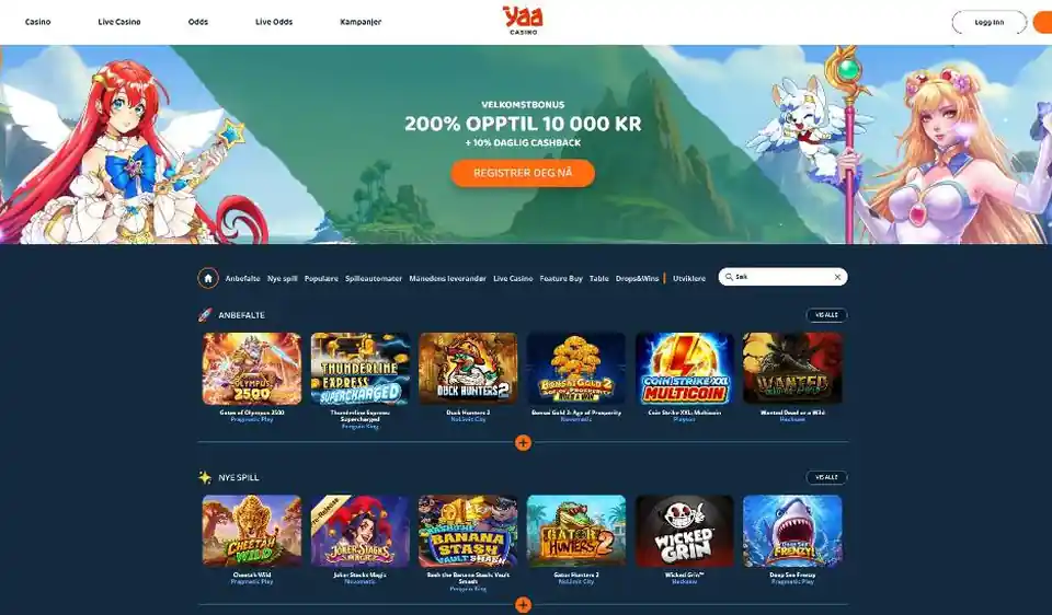 Skjermbilde av forsiden til Yaa Casino med velkomstbonus 200 % opptil 10 000 kr og 10 % daglig cashback