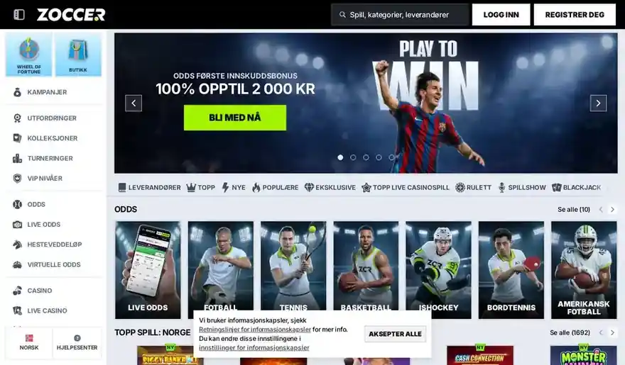 Skjermbilde av forsiden til Zoccer Casino