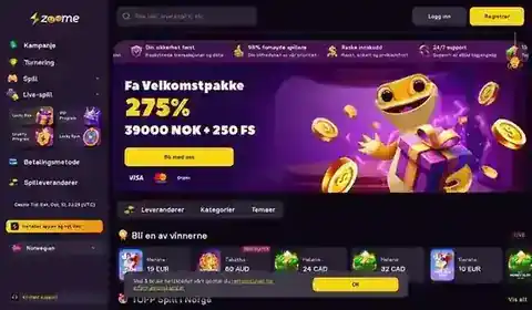 Skjermbilde av forsiden til Zoome Casino